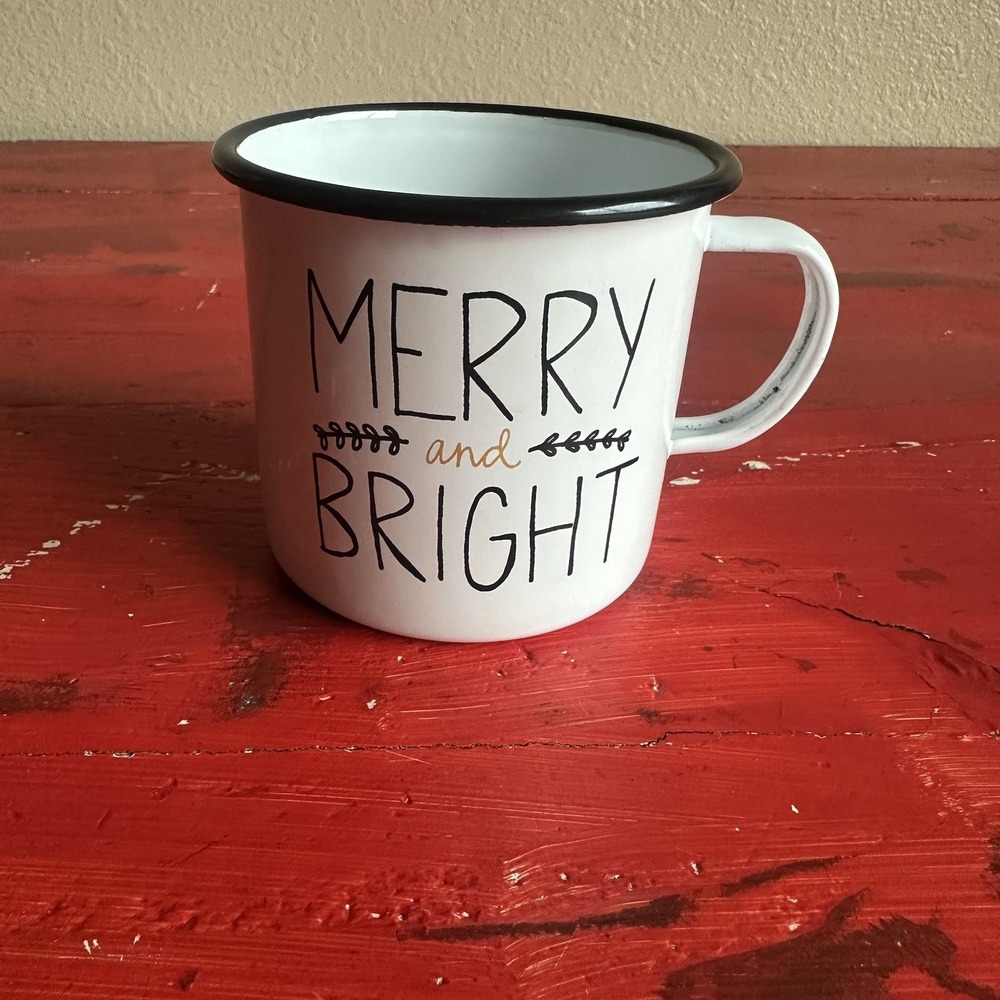 Sleigh Bell Bistro "Merry & Bright" 20 Oz Coffee Mug Cup White Distressed Enamel